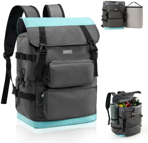 2 in 1 Kühlrucksack - Separat Nutzbare Kühltasche 9L und 26L Hauptfach, 10 Stunden Kältehaltung, Auslaufsicher, Wasserdicht, Isolierter Picknickrucksack für Einkaufen, Camping, Strand, Arbeit
