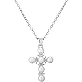 Kumshunie Pearl Cross Necklace Religion Faith Protection Jewelry for Women Inspirational Baptism Gifts 18K Gold Plated Chain