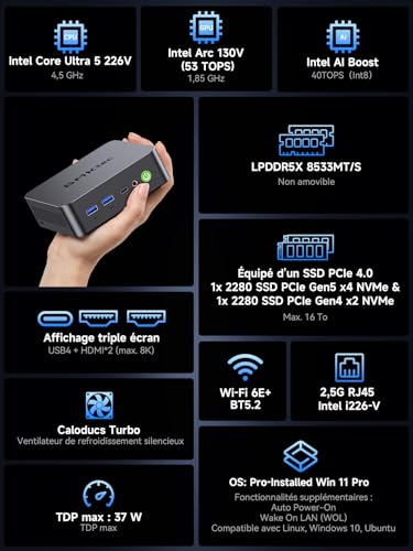 GMKtec K17 AI Mini PC, Intel Core Ultra 5 226V (jusqu'à 4,5 GHz), 16 Go LPDDR5X 8533 MT/s, SSD 512 Go PCIe 4.0, 97 TOPs IA, Intel Arc 130V, Double M.2 (Gen5+Gen4), USB4, Triple affichage 8K, WiFi 6E