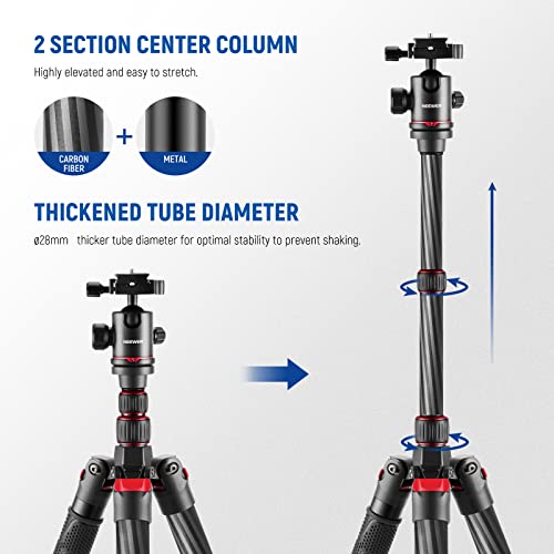 NEEWER Upgraded 80.7” Carbon Fiber Camera Tripod Monopod with Telescopic 2 Section Center Axes, 360° Ball Head,1/4” Arca Type QR Plate, Travel Tripod for DSLR Panoramic Shot, Max. Load 26.5lb, N55CR