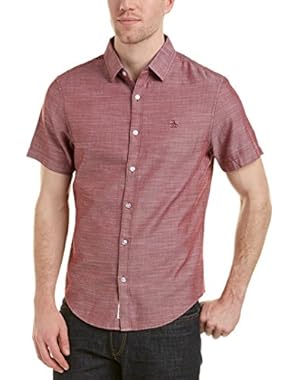 Mens Herringbone Heritage Slim Fit Woven Shirt, M, Red
