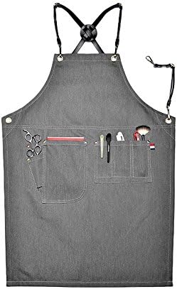 Barbershop Hairdresser Kitchen Coffee Bar Dark Denim Apron With Leather Strap Unisex Utility Apron With Pockets (L, Gray style 1)