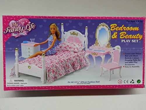 My Fancy Life Dollhouse Furniture Set, Bedroom and Beauty Play Set, White and Pink with Floral Bedding