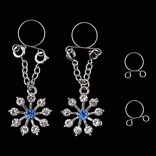 Fityle 2Pcs Non Pierced Nipple Ring Crystal Flower Pendant Rings Women Body Jewelry - Blue