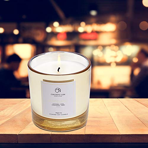 Scented Candle Patchouli & Sandalwood & Musk Soy Wax Long Burning (40 hours) Strong Fragrance Aromatherapy Candles for Home Decorative, Stress Relief and Best Gifts with Golden Glass (Woodland)