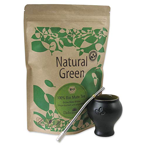 DELICATINO Mate Set - "Natural Green Valley" (Bio Mate Tee Natural Green 500g + Keramik Becher + Trinkhalm Edelstahl)