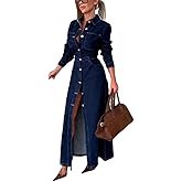 utcoco Women's Denim Maxi Dress Fashion High Waist Long Sleeve Button Down Shirt Jean Dress with Pockets