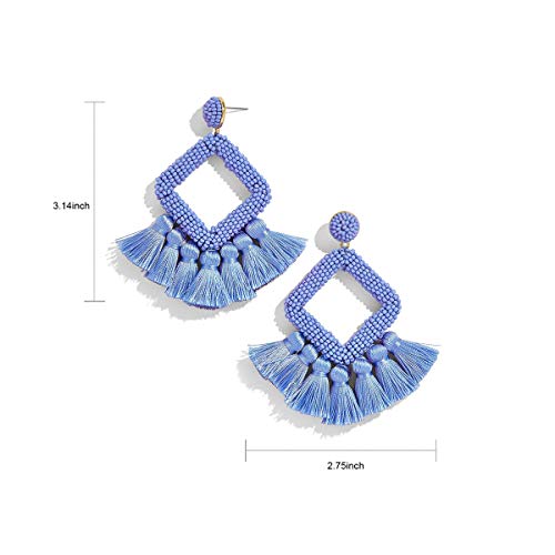 Light Blue Beaded Tassel Earrings, Statement Laniyah Fringe Drop Earrings for Womens Gift For Her, Mom, Sister and Friend - Thumbnail 5