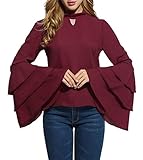 Locryz Women's Stand Neck Long Bell Sleeve Keyhole Ruffle Blouse Top