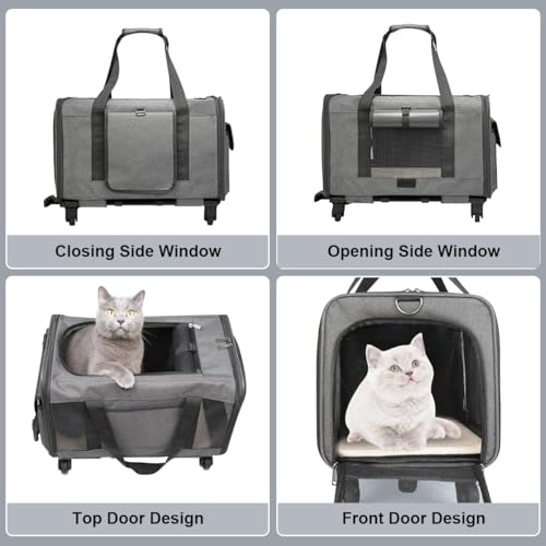 Pet Carrier Bag Cat Wheeled Bag Puppy Rolling Carrier with Detachable Wheel | Large Space Trolley Collapsible Breathable Vet Appointments for Car Seat Travel Small Dog Kitten, Plenty of Room