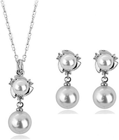 2018 MOTHERS DAY LOVE ROMANTIC GIFT 18K Gold Plated Swarovski Two White Pearl Drop Earring Necklace Jewelry Set (Silver)