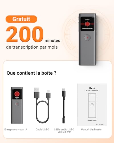 NUASI Enregistreur Vocal IA Dictaphone Numérique avec Transcription, Résumé, 64 Go, 90+ Langues, Enregistrement HD en Un clic, Réduction Intelligente du Bruit pour interviews/Classes/réunions