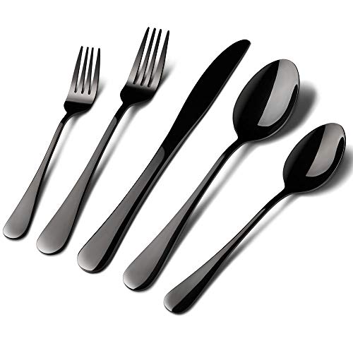 Black Silverware Set, 20 Pieces Set Stainless Steel Flatware Utensils Cutlery Dinnerware Tableware Set, Steak Knife and Fork And Spoon Set with Gift Box Package,Service For 4 (Black)