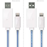 Red Gem Visible Flowing LED Light Up Noodle Data Sync & Charging Cable 3 Feet for iPhone 6, 6 Plus, 5, 5C, 5S, iPad Air 1, 2 & iPad Mini 2 & 3, iOS 8 Compatible (White with blue LED)