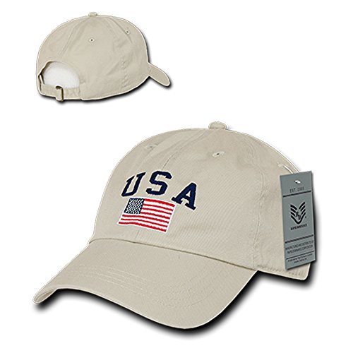 USA and American Flag Embroidered Washed Cotton Adjustable Cap - STONE