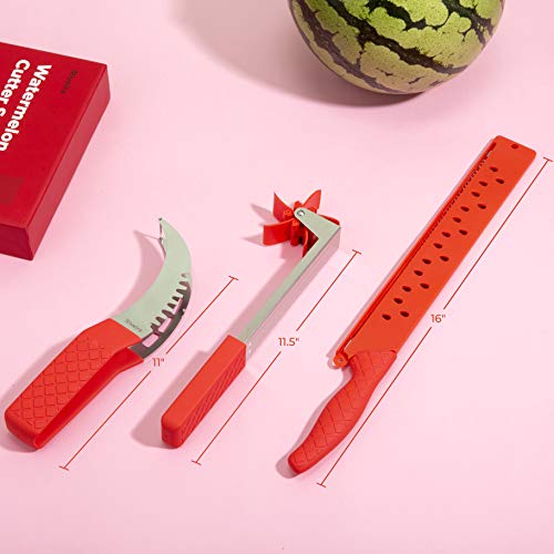 Riveira Watermelon Slicer Windmill Cutter Carving Knife 12-Inch Stainless Steel 3-Piece Kitchen Gadget Newly Designed Gift Set with TPR Silicone Handles for Cutting Fruit Melon Summer Best Gadgets