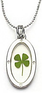 Stainless Steel Real Four Leaf Clover Good Luck Symbol Clear Oval Shaped Pendant Necklace, 16-18"
