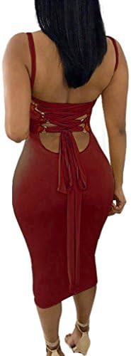Olaron Women Sexy Spaghetti Strap Lace up Back Hollow Backless Nightclub Party Midi Dress Red Medium