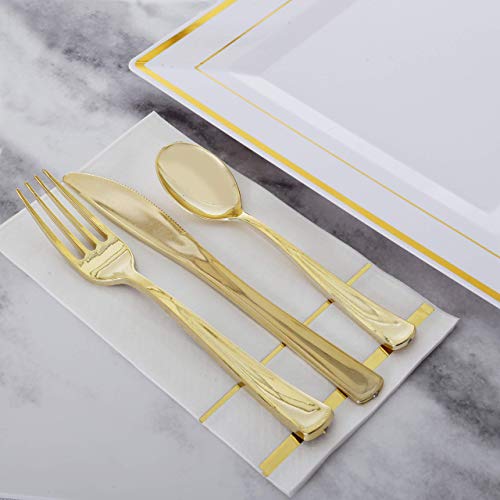GLAM Dinner Napkins, Gold Trim, 100 Pack 8x4 White And Gold Paper