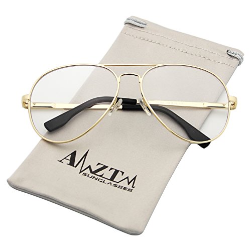 AMZTM Outdoor Reading Working Glasses Classic Fashion Retro Double Bridge Metal Frame Non-Polarized Glass Lens Aviator Sunglasses for Women and Men (Gold Frame Clear Lens, 62)