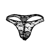 Sissy Pouch Panties Men's Silky Lace Thong Girly Briefs Bikini Underwear Sexy for Men Plus Size (Black)