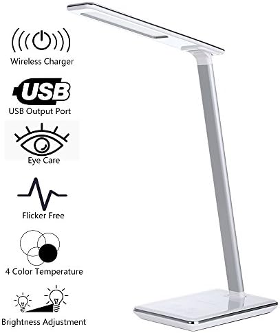HYON Led Desk Lamp with Qi Wireless Charger Flicker Free Eye Care Touch Control 4 Color Modes Dimmable Adjustable Aluminum Arm Table Light Built-in 5V USB Power Output Port