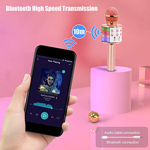 Bluetooth Karaoke Wireless Microphone, Ankuka 4 in 1 Handheld Karaoke Machine Speaker Player with Dancing LED Lights for Home KTV Party/Kids Singing (Rose Gold)