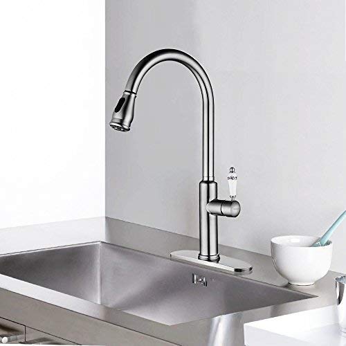 Yohom 1 or 3 Hole Commercial Stainless Steel Kitchen Sink Faucets with Pull Out Dual Function Sprayer, Porcelain Single Handle Pull Down Kitchen Faucet with 10â€ Hole Cover Deck Plate Brushed Finish