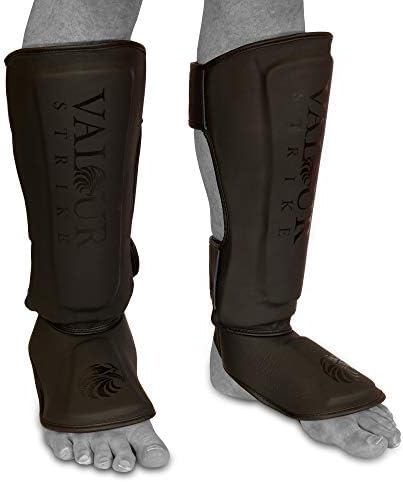 Valour Strike Pro Leather Leg Guards Shin Instep Pads ★ MMA Foot Muay Thai Kick Protector ★ Boxing Fitness Kickboxing Sparring All Blacks