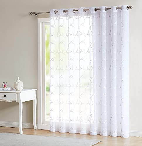 LINENZONE Sheer White Patio Curtain with Silver Grey Leaf Embroidery. Extra Wide Curtains for Patio Doors, Balcony (Maria 102 x 84 Silver)