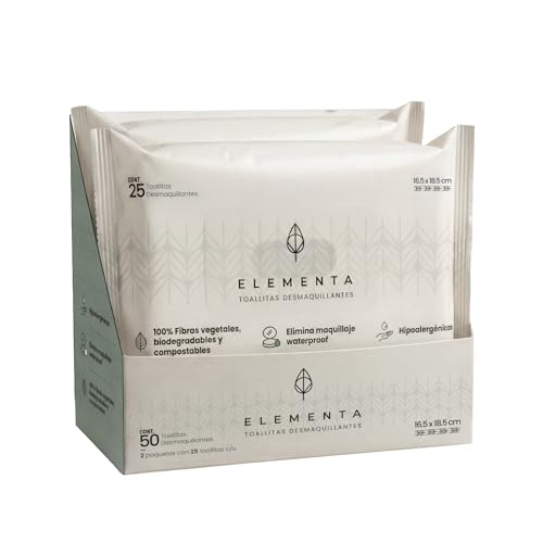 Elementa Toallitas Desmaquillantes, Toallitas Húmedas para Desmaquillar Ojos y Rostro, con Aloe Vera y Vitamina E, Hipoalergénicas, Biodegradables | 50 Toallitas (2 paquetes de 25)
