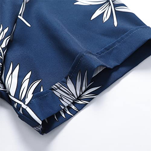 SheLucki Mens Hawaiian Shirts Short Sleeve Casual Button Down Shirts Summer Tropical Floral Beach Shirt Leaf Deepblue 1-078 S