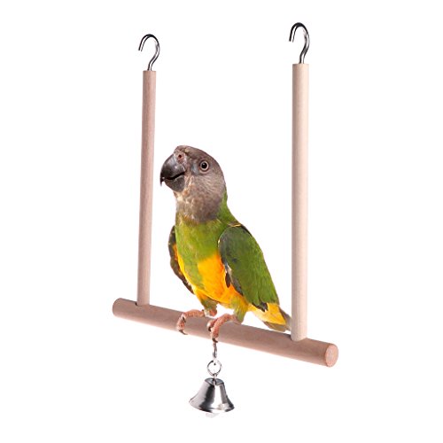 Hukai Birds Perch Parrot Play Toys Stand Holder natural Wooden Swing Bell Cage Hanging