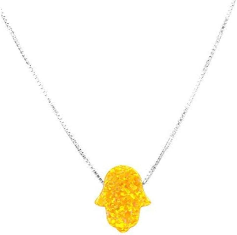 Hamsa Hand Opal Necklace, Protective Lucky Fatima Amulet Choker with Purifying Hamesh Charm - 18 Inch 925 Sterling Silver Chain - Link Necklace
