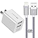 Earldom Wall Charger Compatible with iPhone X / 8 / 7 / 6S / 6 / Plus / SE / 5S / 5C, iPod, iPad, Dual Port Travel Power Adapter 2.4A 12W and Nylon Braided Charging Cable 6.6ft USB Charge Cord