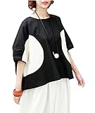 YESNO QO3 Women Girl Crop Tops Blouse Casual White Black Circle Unique Back Design Plus Size Short Sleeve (One Size, Black/White)