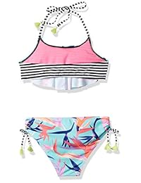 Bikini de niña demasiado grande limitado con volante y borlas