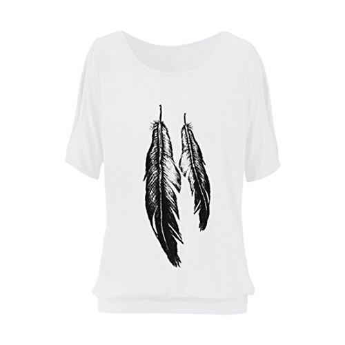 Swtddy Women's Short Sleeve Off Shoulder O Neck Feather Print Shirt Casual Top Blouse (M, White)