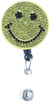 Colorful &amp; Fun Retractable Bling Pave Crystal Stone Reel ID Badge Holder (Smiley Face)