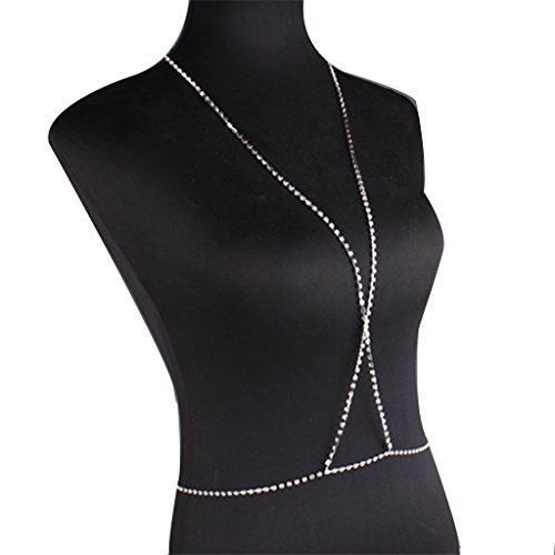 Women Sexy Rhinestone Crossed Bra Body Chains Shiny Jewelry Necklace (Silver Color)