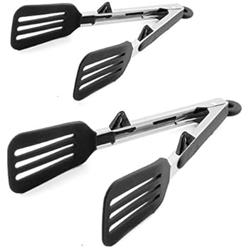 STARUBY Kitchen Tongs 9 inches and 12 inches Fish Spatula Stainless Steel Locking with Silicone Tips Cooking Salad Buffet BBQ Serving Tongs Heat Resistant Meat Turner Spatula Tongs, Black
