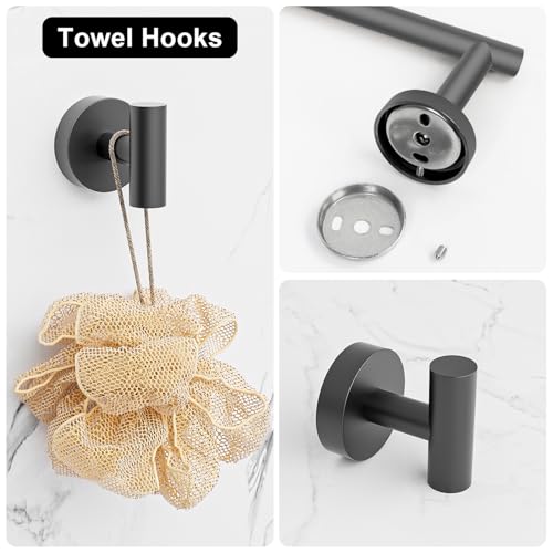 sunzone Bathroom Accessories Set, 5 Pieces Towel Bar, 60 cm Towel Bar, Towel Ring, Bathrobe Towel Hook, Toilet Paper Holder, 304 Stainless Steel, Black
