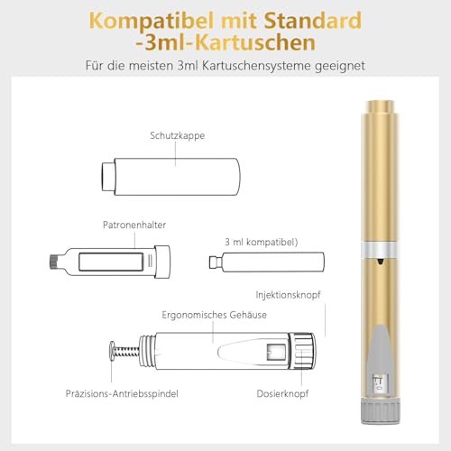 AMAINKI Reusable Insulin Pen for 2ml Cartridges, Accurate Dosing of 1-60 Units, Injector Compatible with Standard Cartridges, Portable Metal Body | Dosificación Precisa de ,Inyector Compatible con Cartuchos Estándar, Cuerpo Metálico Portátil