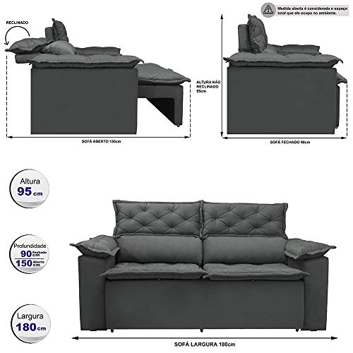 Sofá 3 Lugares Retrátil e Reclinável Cama Inbox Compact 1,80m Velusoft Cinza