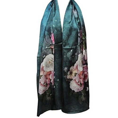 Wrapables Luxurious 100% Charmeuse Silk Floral Painting Long Scarf with Hand Rolled Edges, Peonies on Teal