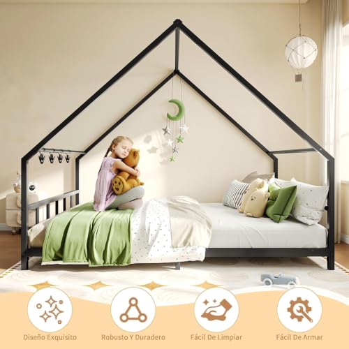 SIMPLE ESPACIO Base Cama Matrimonial,Base de Cama Matrimonial con Metal,Recamara matrimonial con Techo Triangular,Base para Cama Matrimonials con 6 Ganchos,Cabecero y Pie de Cama de Metal.(Negro)