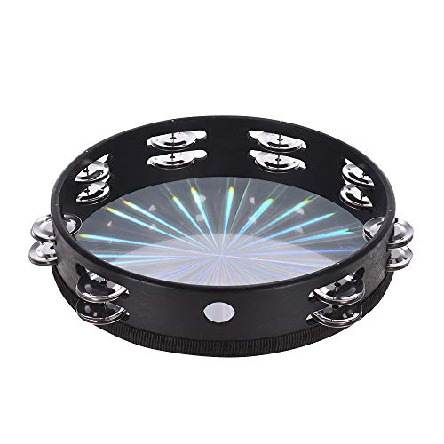 Muslady 8 inch /10 inch Wooden Radiant Tambourine Handbell Hand Drum with Double Row Jingles Reflective Drum Head Percussion Instrument Musical Toy