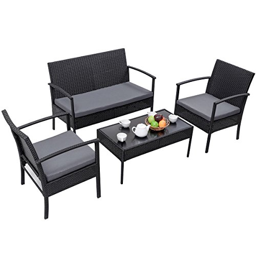 Tangkula 4 PC Outdoor Wicker Furniture Set Patio Garden Pool Rattan Loveseat Sofa Cushioned (Black)