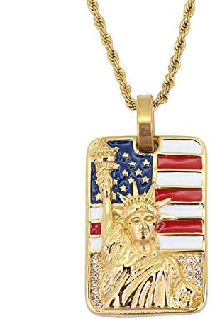 Comfybuy CF Stainless Steel 18K Gold Plated Statue of Liberty Cubic Zirconia Luxury USA American Flag Necklace Hip Hop Pendant Jewelry for Men for Independence Day Gift