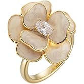 Kokoma Elegant Camellia Flower Ring for Women CZ Diamond Floral Statement Ring Open Wrap Finger Band Wedding Anniversary Promise Rings Dainty Jewelry